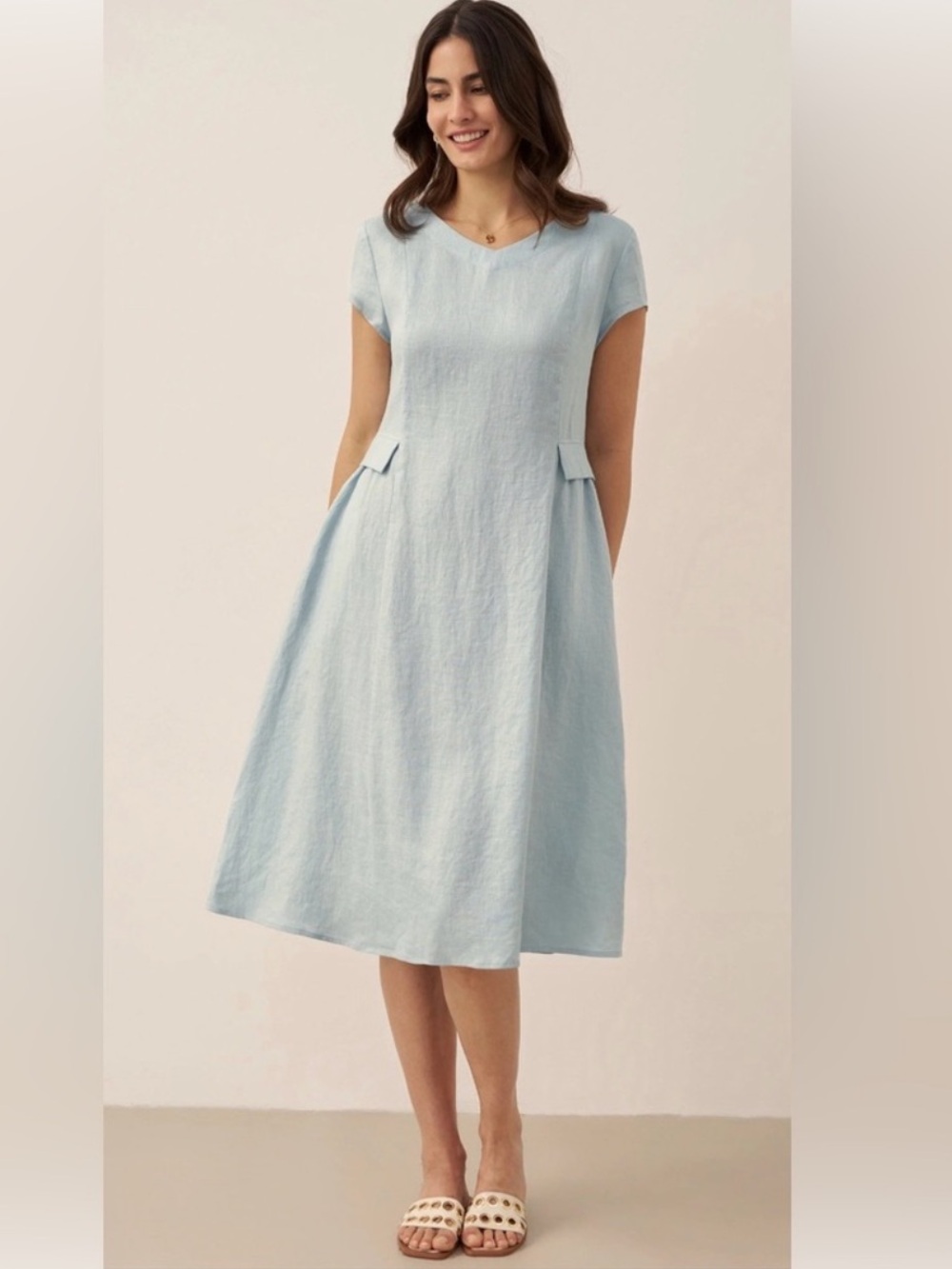 Lintico 100% Linen Natural Summer V-Neck Dress ALEXA L